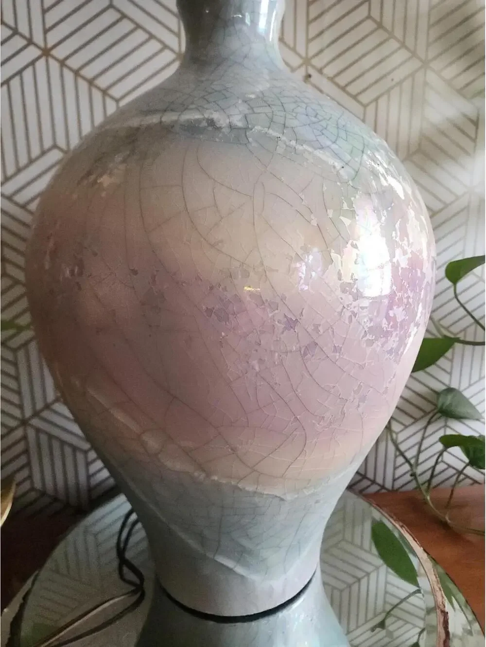 1980s Raku Glazed Ceramic Rainbow 3 way Table Lamp Made by Sunset Lamp Company